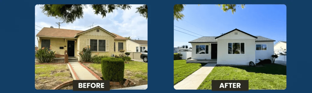 Before and after photo of a Los Angeles house exterior showing transformation