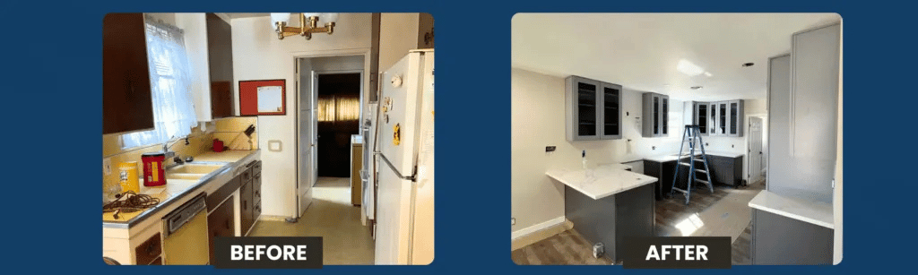 Before and after photo of a Los Angeles kitchen showing outdated vs renovated design