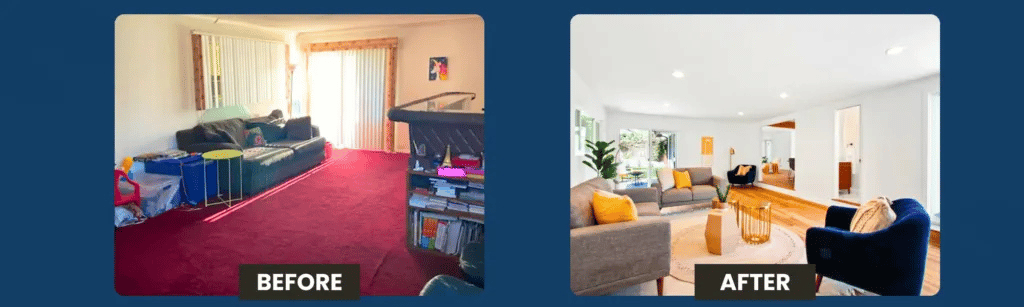 Before and after living room photos of a Los Angeles home showing condition changes