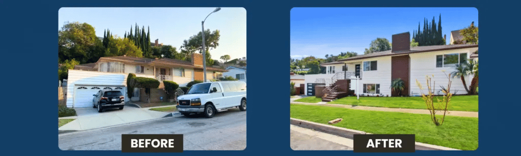 Before and after view of a Los Angeles home exterior showing property improvement