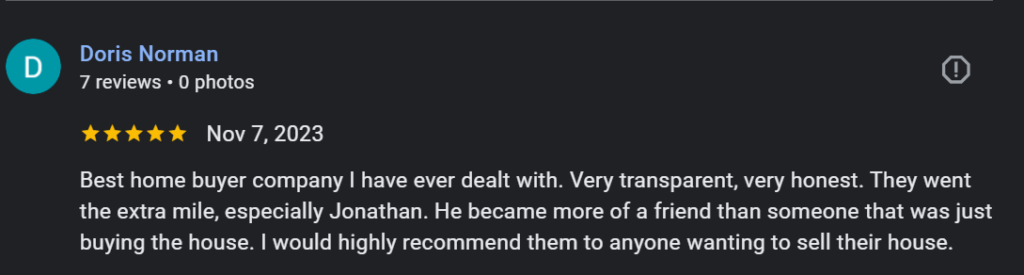 5-star review by Doris Norman on November 7, 2023, praising Alpha Cash Buyers as the best cash home buyers, highlighting their transparency, honesty, and exceptional service to sell her house fast.