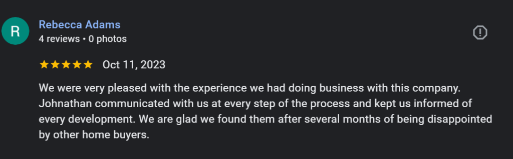 5-star review by Rebecca Adams on October 11, 2023, sharing her positive experience with Alpha Cash Buyers, a trusted cash home buying company, known for seamless communication and professionalism.