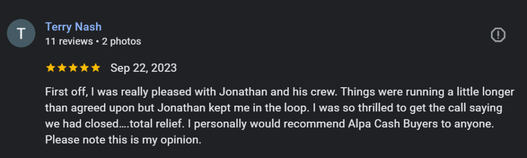 5-star review by Terry Nash on September 22, 2023, applauding Alpha Cash Buyers for helping him sell his house quickly with great communication and reliable service from Jonathan and his team.