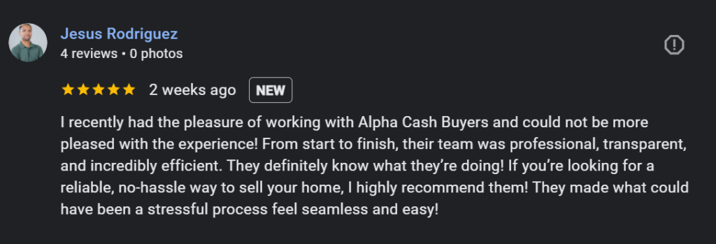 5-star review by Jesus Rodriguez, highlighting Alpha Cash Buyers as the best way to sell your house fast, providing a stress-free, professional, and reliable home-selling experience.