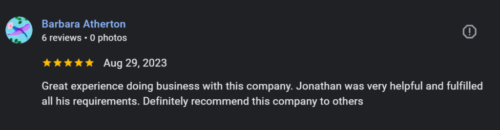 5-star review by Barbara Atherton on August 29, 2023, recommending Alpha Cash Buyers for their reliable and helpful service, making it easy to sell her house for cash.