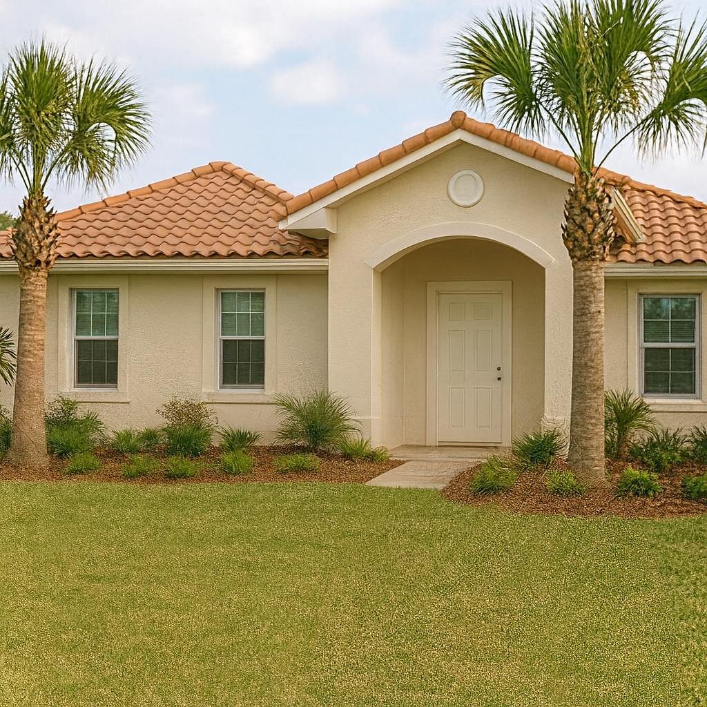Single-story Florida home with palm trees and a red tile roof in Palm Bay, Florida — showcasing local curb appeal for Fast Cash Now Home Buyers.