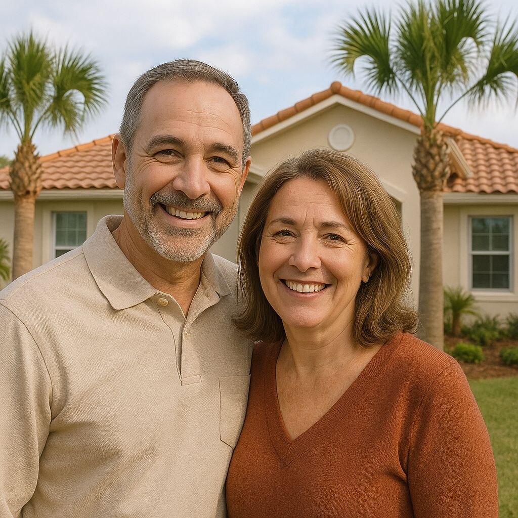 Middle-aged couple smiling in front of a single-story Florida home with palm trees, showcasing a happy seller testimonial for Fast Cash Now Home Buyers in Palm Bay, Florida.