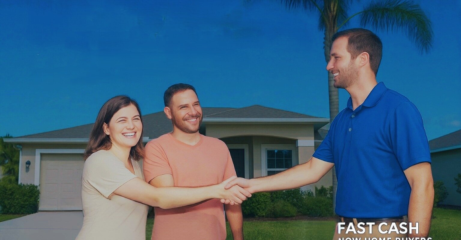 Palm Bay homeowners shaking hands with local cash home buyer after selling their house fast for cash — Fast Cash Now Home Buyers.