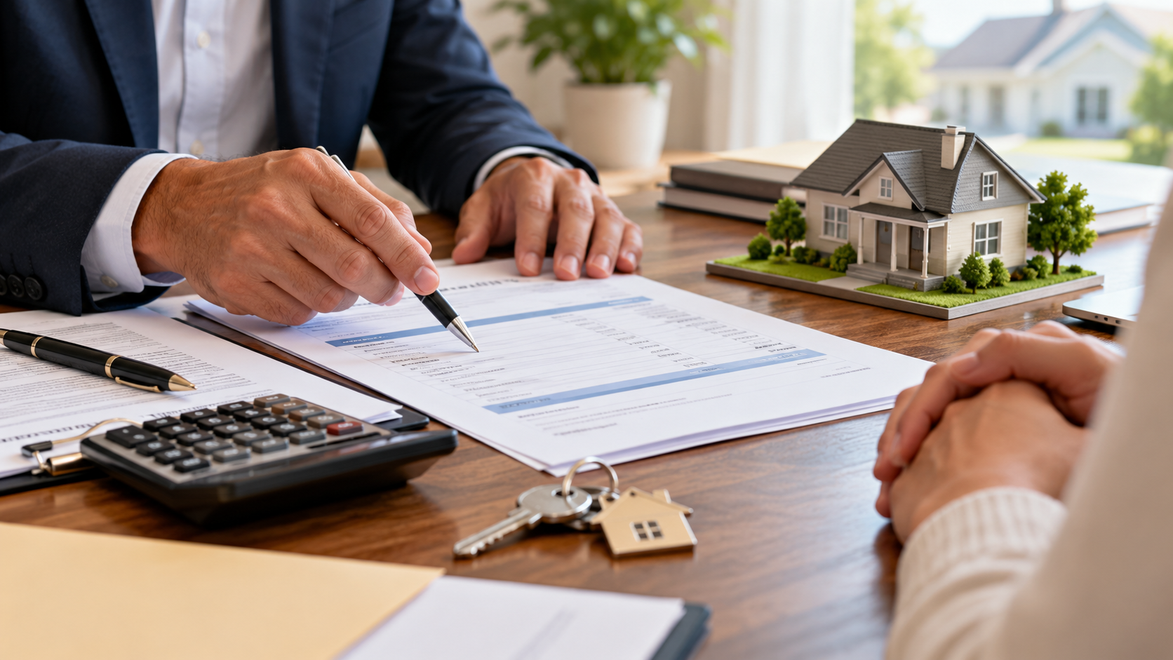 Real estate closing documents, calculator, and house keys during an HOA lien payoff review.