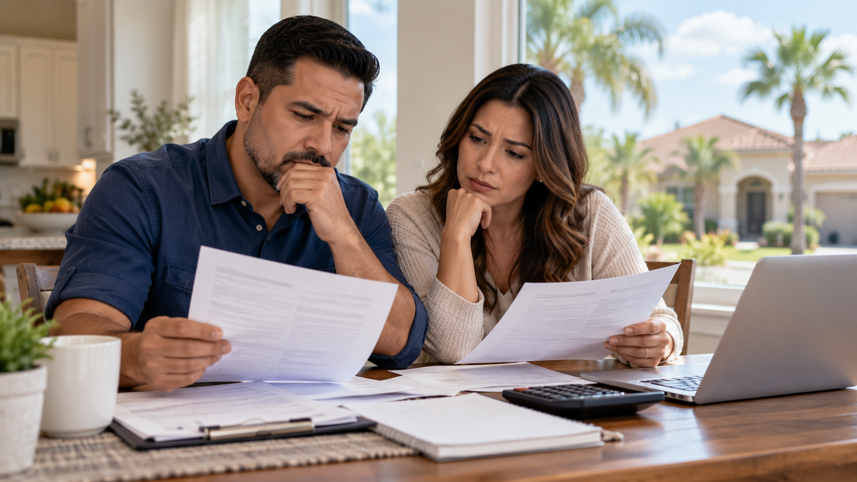 Homeowners reviewing property sale documents and financial paperwork at a table