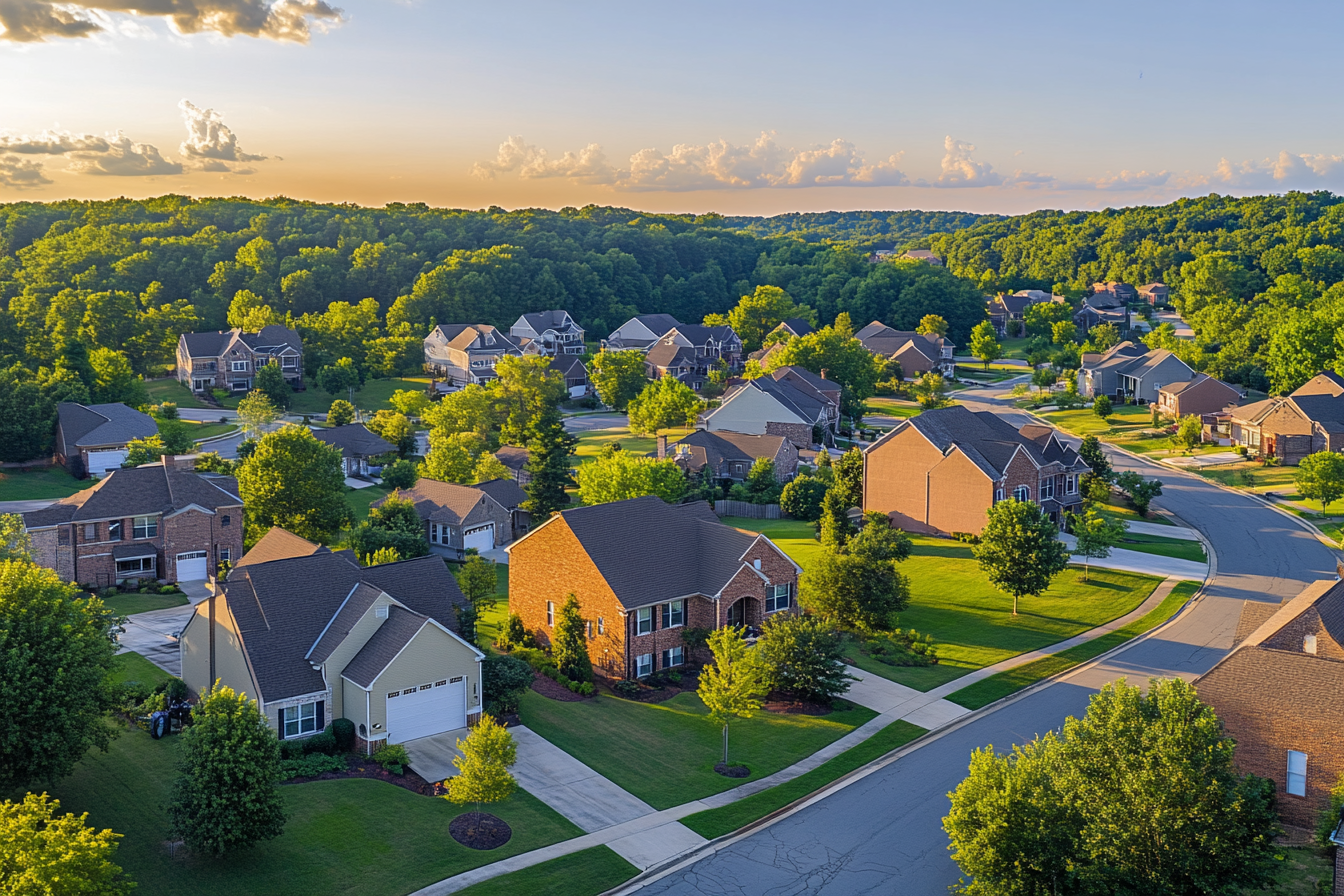 "Drone shot of a beautiful neighborhood with well-maintained homes, symbolizing stability and peace."