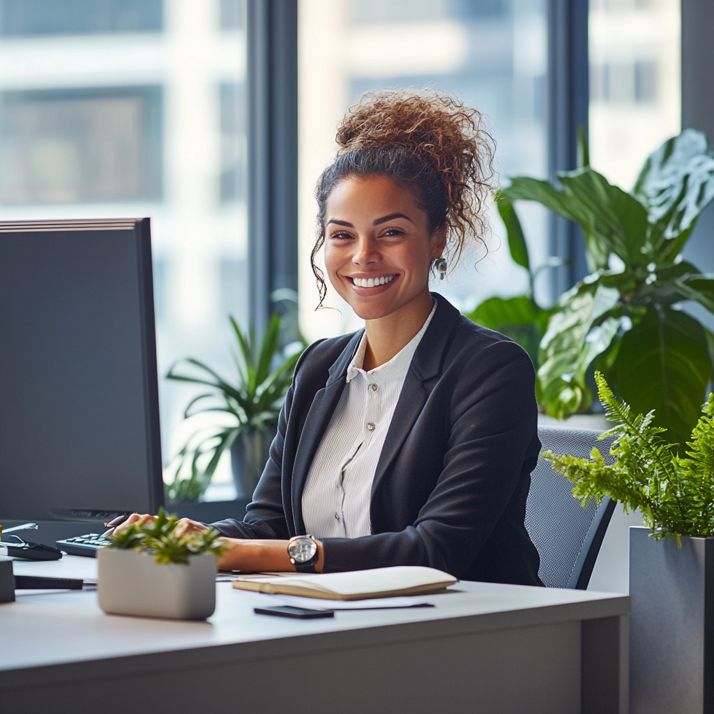An image of a calm person sitting at a desk with bills, taking notes and smiling confidently.

