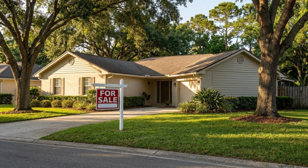 Exterior photograph of a classic single-family ranch home in a Jacksonville neighborhood, featuring mature native landscaping and a prominent illustrative "FOR SALE" sign on the front lawn under soft Florida sunlight.