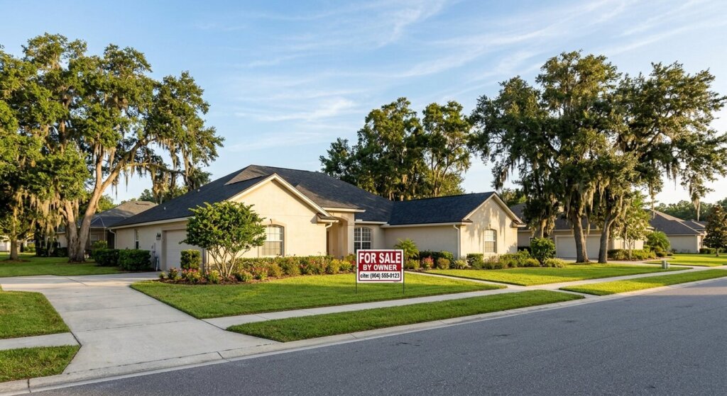 Exterior photograph of a clean, single-family residential ranch home in a Jacksonville neighborhood, featuring mature oak trees and a bold red FOR SALE sign on the front lawn under warm morning sunlight.