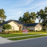 Exterior photograph of a clean, single-family residential ranch home in a Jacksonville neighborhood, featuring mature oak trees and a bold red FOR SALE sign on the front lawn under warm morning sunlight.