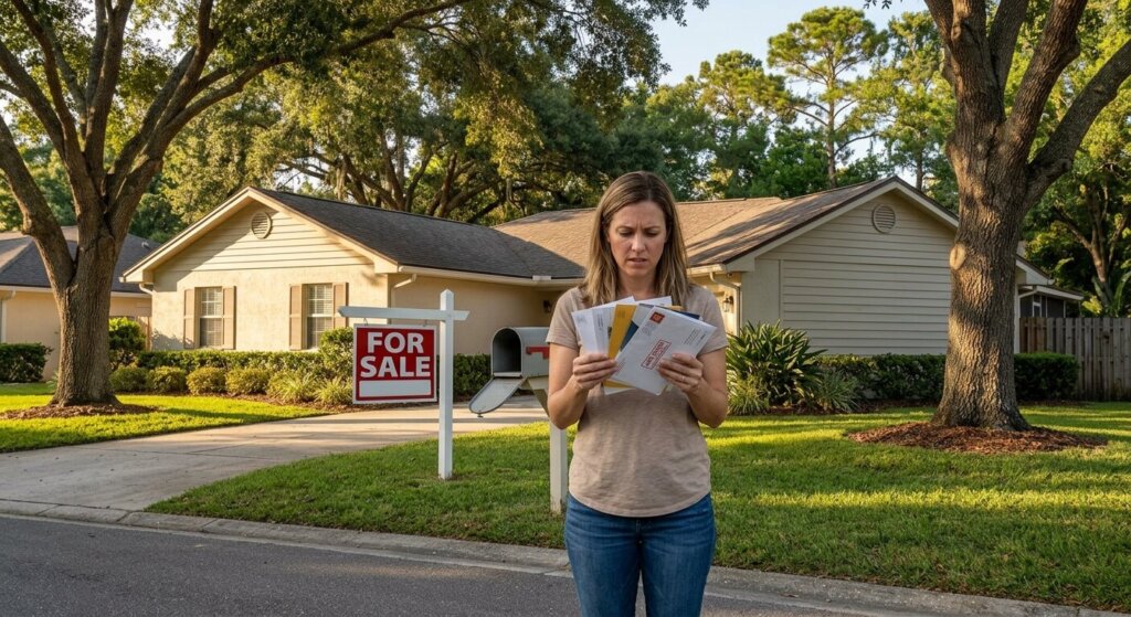 A distressed Jacksonville, FL homeowner in casual clothing stands on their suburban lawn looking worriedly at a stack of mail that includes multiple unreadable envelopes (one with subtle red 'late' markings). She is near an unreadable open mailbox. In the background is their beige ranch-style house and established Northeast Florida oak trees under morning sunlight.