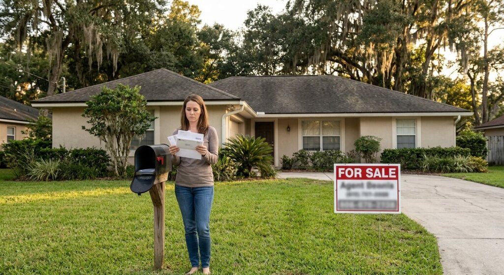 A concerned Jacksonville, FL homeowner standing near her suburban lawn holding unopened financial letters, with a single-story Florida ranch house and mature live oak trees in the background under soft sunlight.