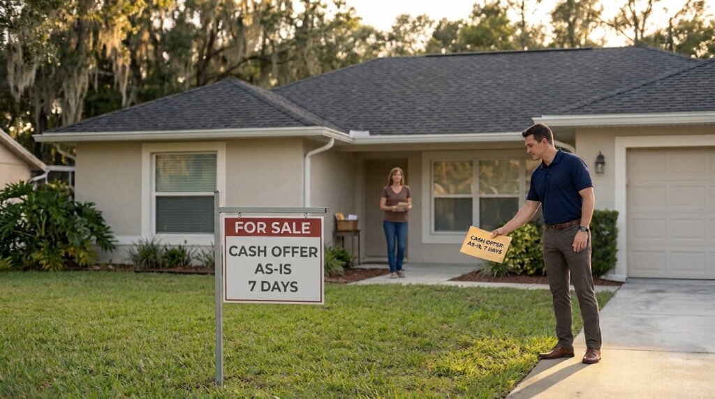A professional real estate investor presenting a cash offer folder to a homeowner next to a lawn sign reading Why Won’t My House Sell in Jacksonville? in front of a suburban Florida home.