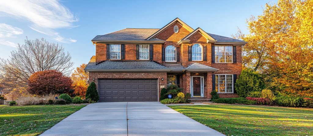 Traditional two-story brick home in a Kentucky suburb with garage on the side.