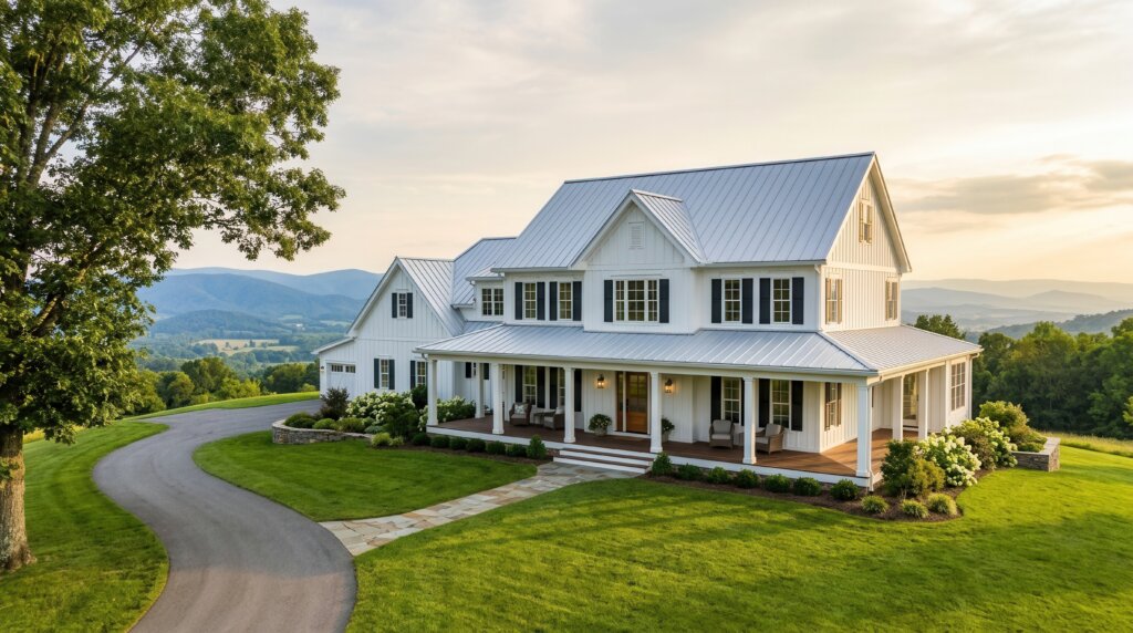 Panoramic scenic country view of an elegant white modern farmhouse with rustic design elements.
