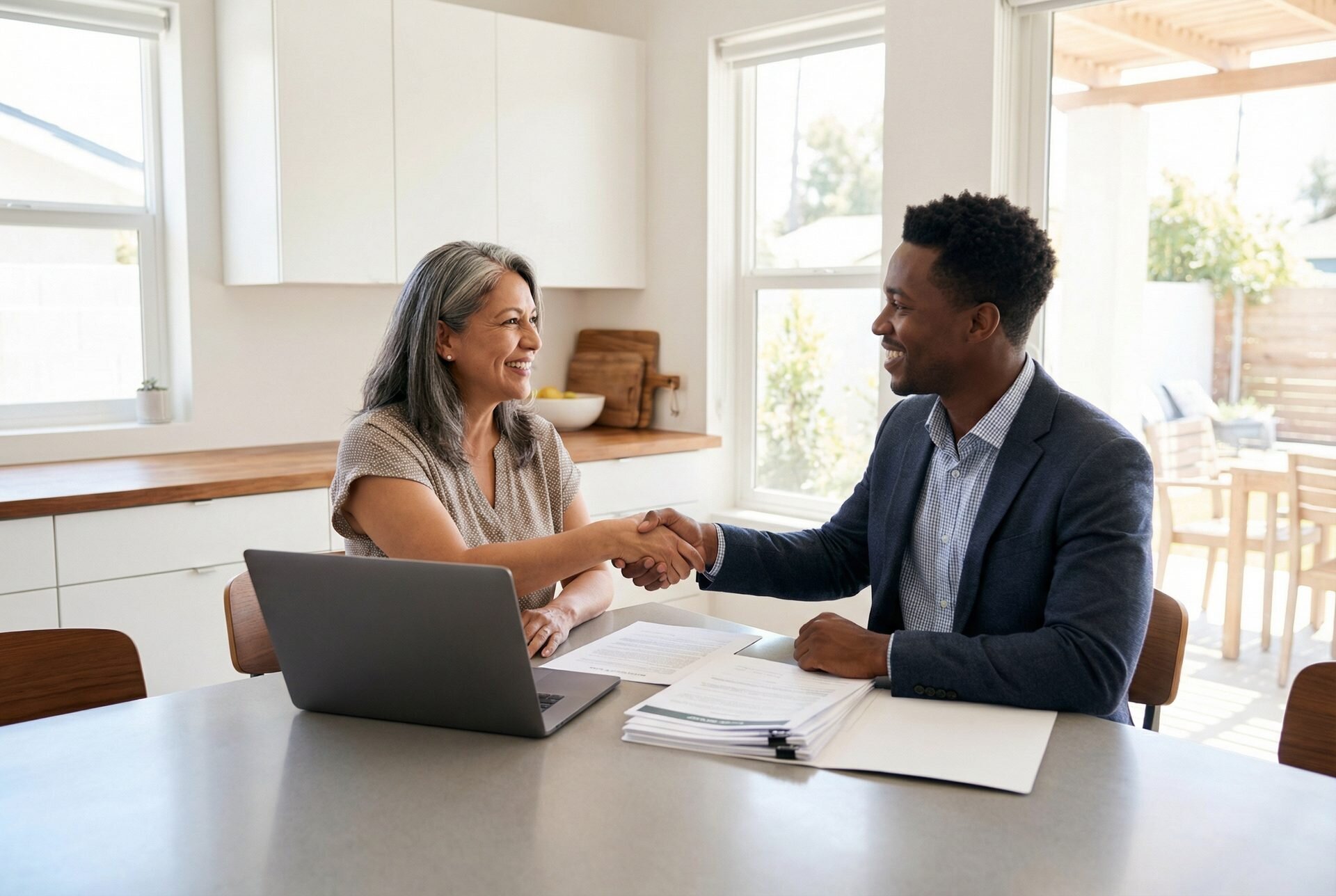 Homeowner reviewing cash offer with Optimum Home Buyers representative in Frisco, TX