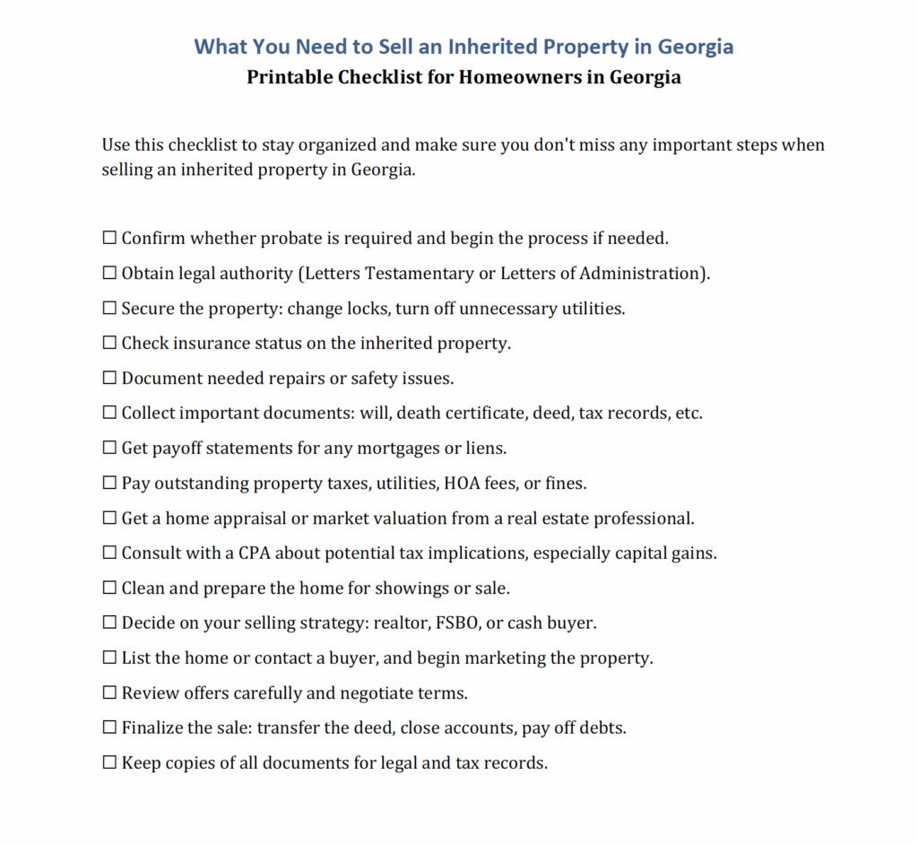 Printable Inherited House Checklist to sell inherited home.