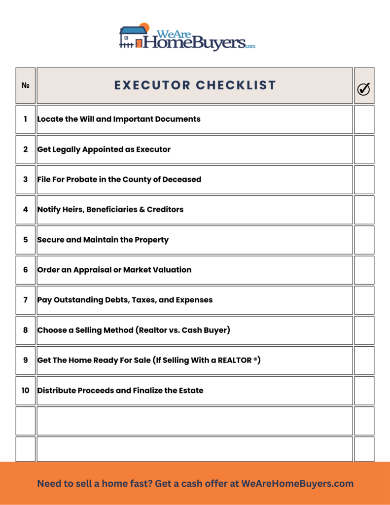 Checklist image showing 10 steps for estate executors in Georgia