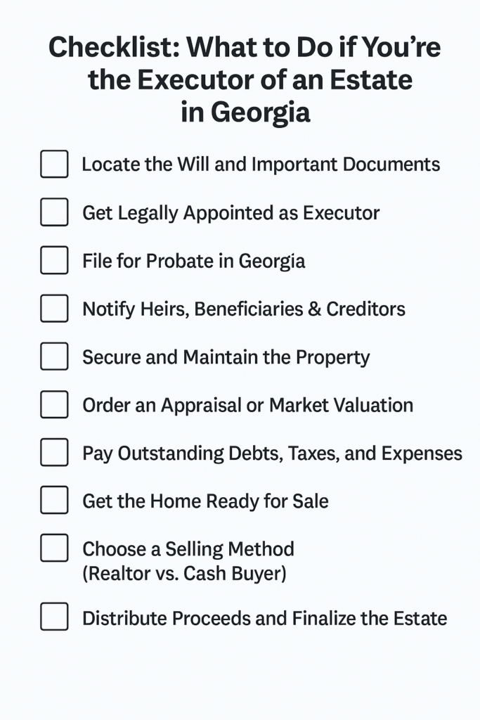 Checklist image showing 10 steps for estate executors in Georgia