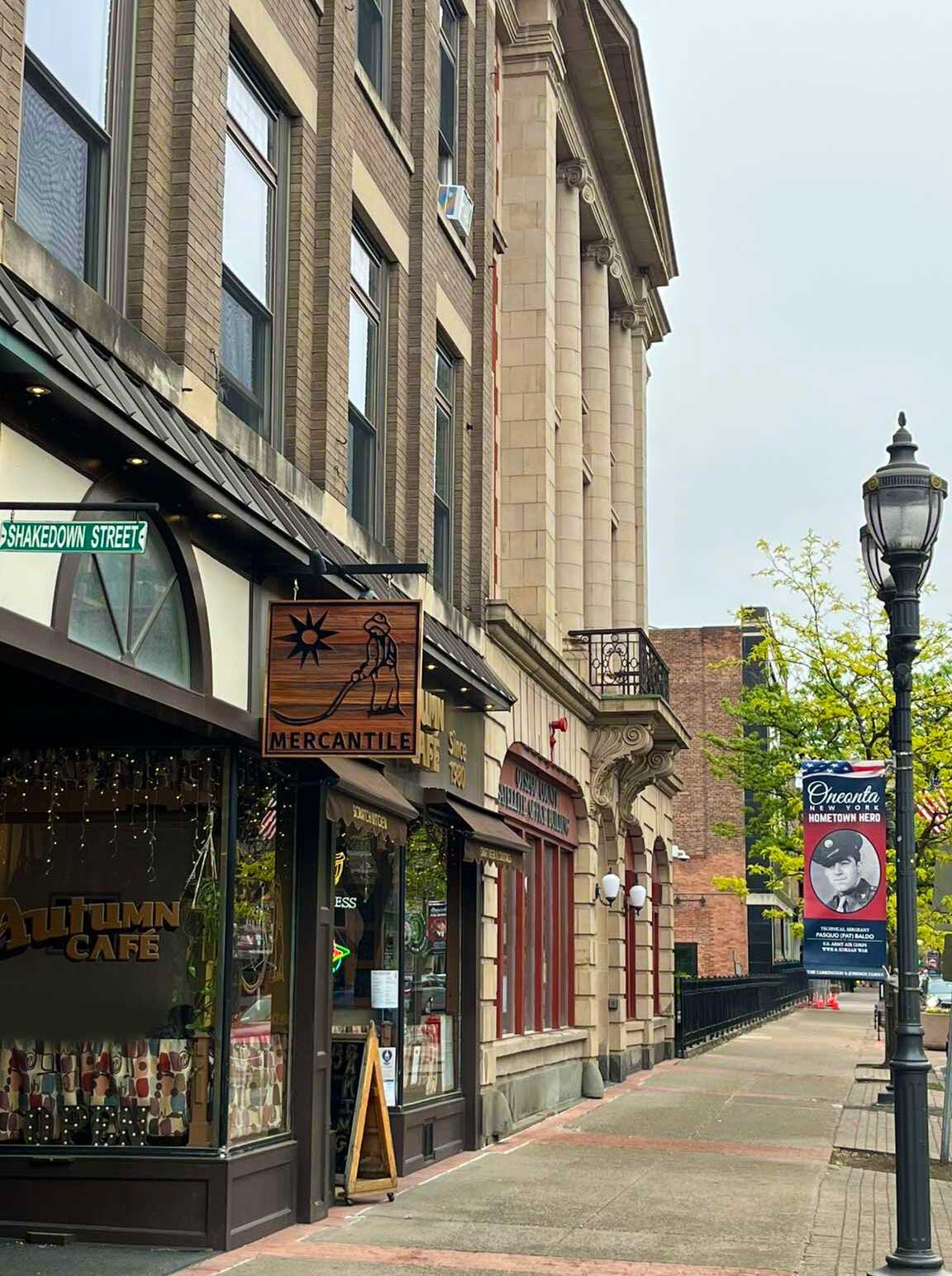 downtown oneonta ny sidewalk and local businesses