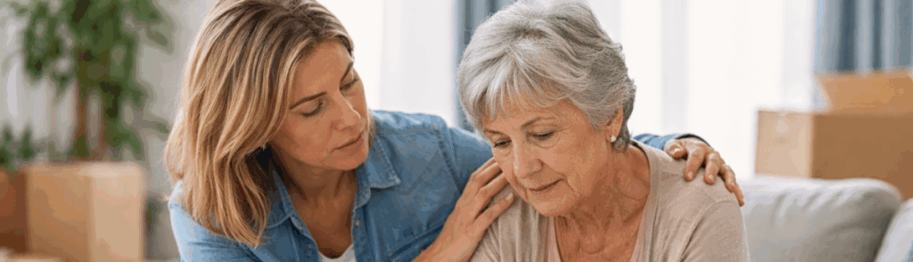 Family discussion in a cozy living room-two women on a couch
