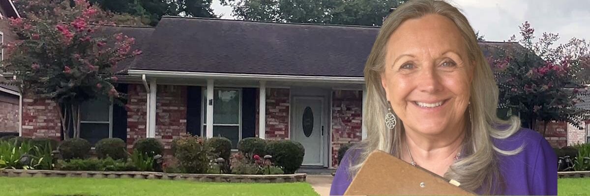 Becky from Grandma House Buyer standing at a front door with clipboard helping homeowners decide what to do with their house