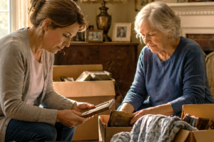 adult daughter looking through emotional memorabalia with her mother in a crowded living room with a fireplace