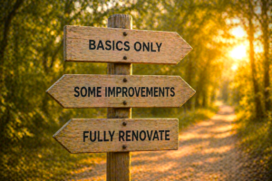 direction sign in the woods saying basics only or some improvements or fully removate