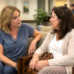 two sisters talking in a waiting room during a crisis, before thinking about downsizing.