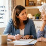 A middle-aged daughter sitting at a kitchen table with paperwork and a coffee cup, looking thoughtful as she speaks gently with her elderly mother in a softly lit home.