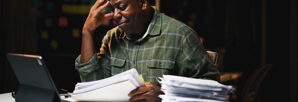 A man sitting alone late at night reviewing a large stack of paperwork, conveying the mental weight of working through a major home decision