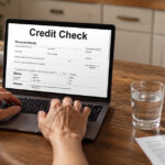 Credit score report displayed on a laptop screen at home