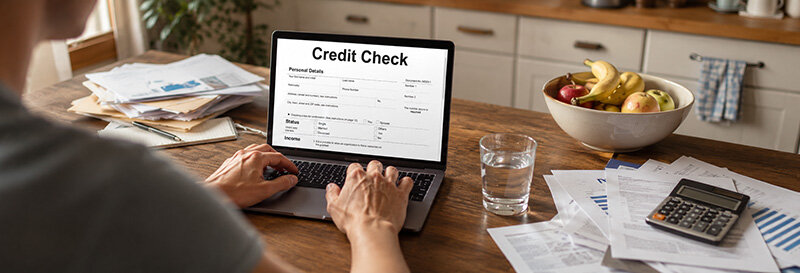 Credit score report displayed on a laptop screen at home with a bowl of fruit on the table
