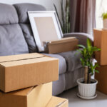 Empty living room with moving boxes near a sunlit window, representing a home transition