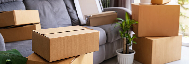 Empty living room with moving boxes near a sunlit window, representing a home transition in houston