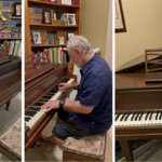 well-loved grand piano in a home library, still being played after all these years