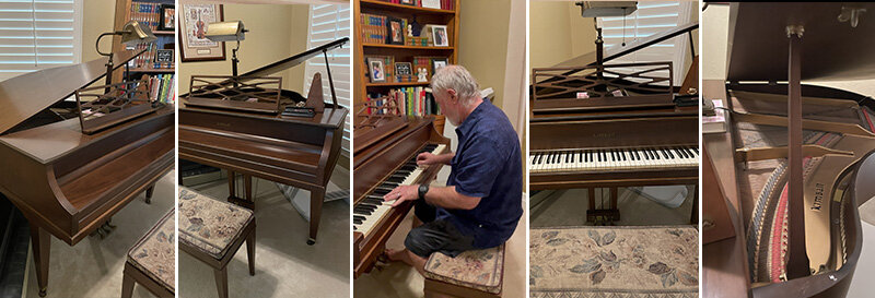 A well-loved grand piano in a home library, still being played after all these years