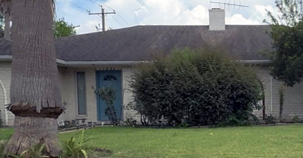 White Brick Suburban Ranch House in Humble TX large palm tree and blue door