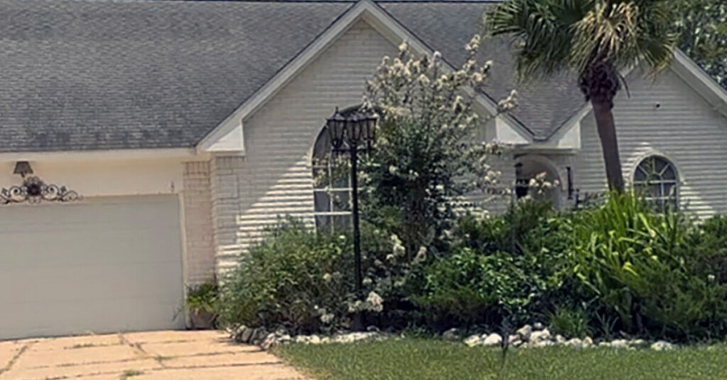 White Brick Suburban Ranch House in Missouri City TX with overgrown but attractive blooming bushes and a palm tree on a sunny day
