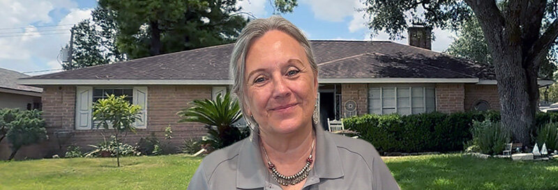 becky fields the grandma house buyer in front of a Houston Ranch House