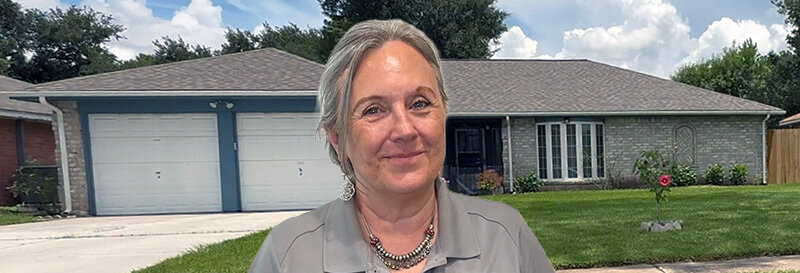becky fields the grandma house buyer in front of a South Houston TX ranch house