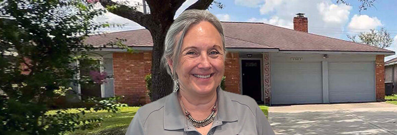 becky fields the grandma house buyer in front of a Sugar Land TX ranch house