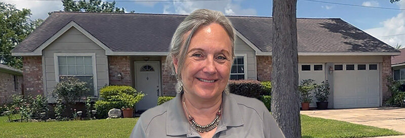 becky fields the grandma house buyer in front of a Texas City TX ranch house