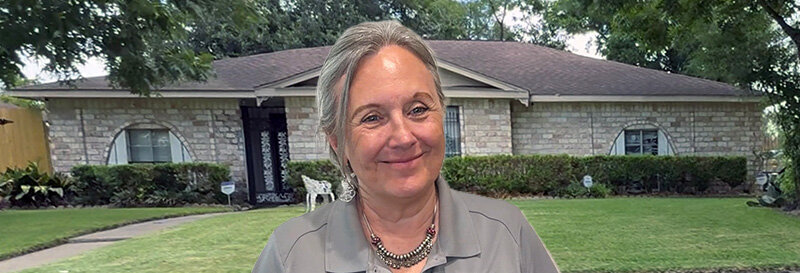 becky fields the grandma house buyer in front of a The Woodlands TX ranch house