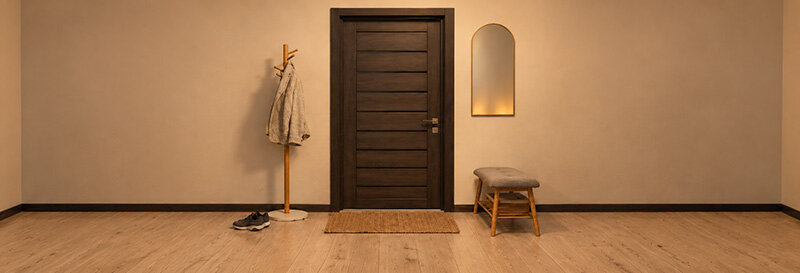 A softly lit interior door left slightly open in a quiet home.